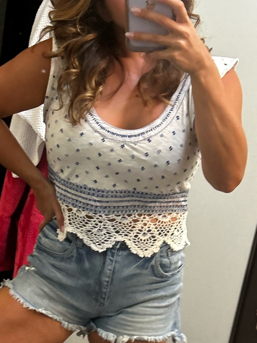 Free People White Smocked Tank with Blue Trim
